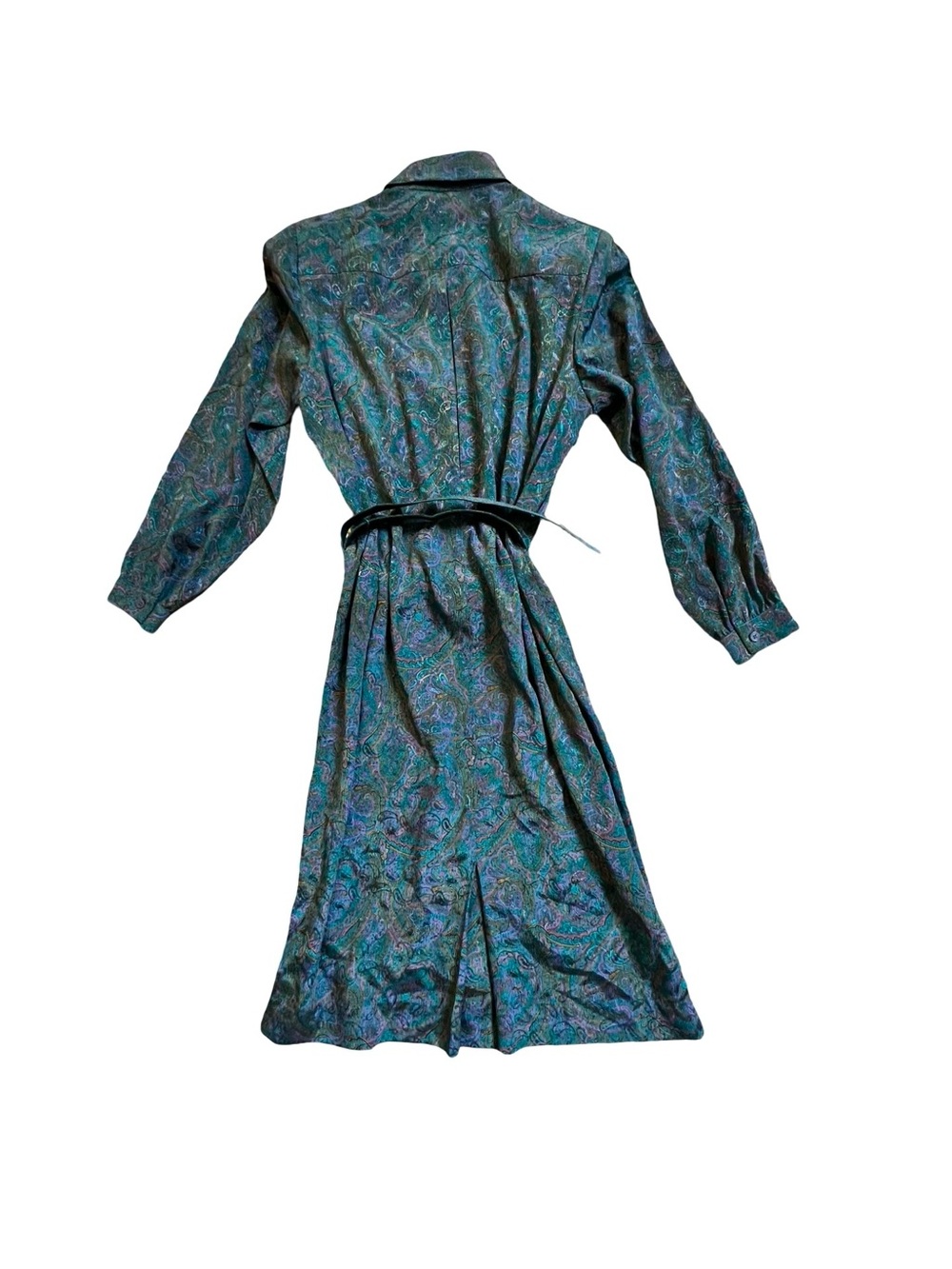 Vintage Schroder Sport Paisley Ruffle Blue Teal Belted Midi Dress Size 10P - Picture 5 of 6